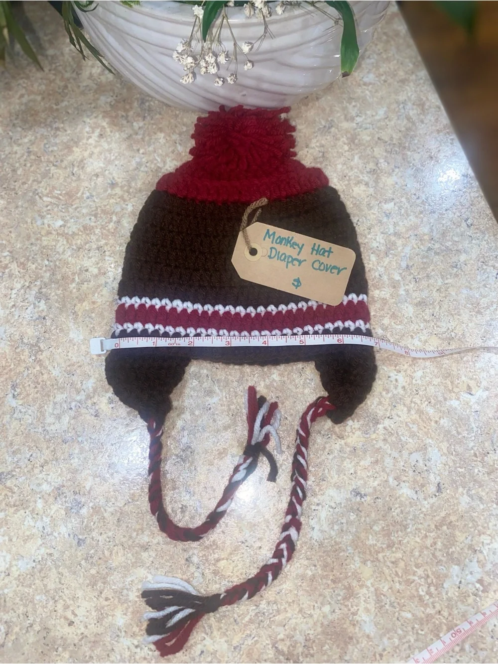 Handmade Sock Monkey Earflap Beanie and Diaper Cover Set - Brown & Red